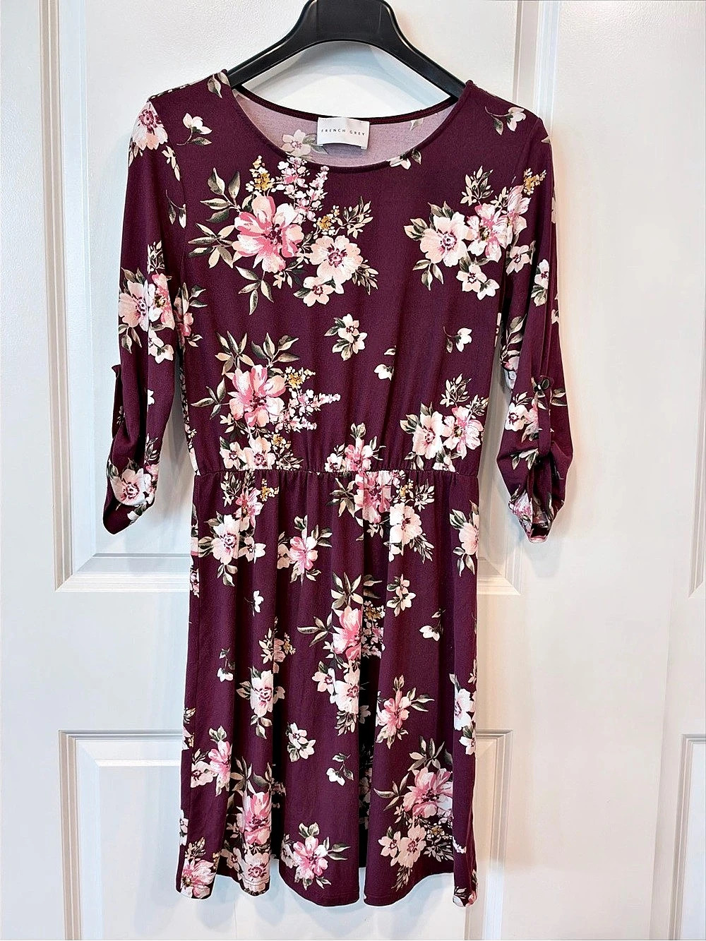 French Grey Floral Print Long Sleeve Elastic Waist Dress Mini Dress Purple & Flo